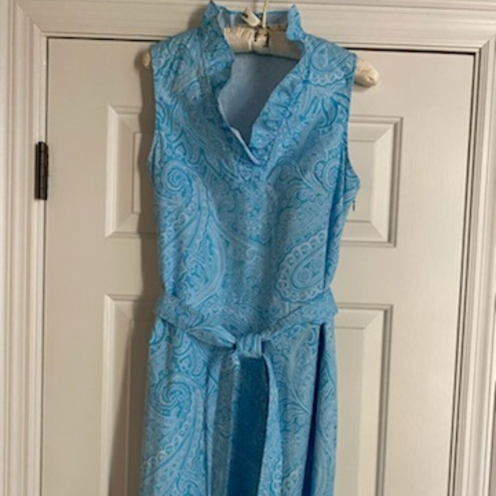 EUC J McLaughlin Durham Sleeveless Dress V-Neck Ruffle Neck Size 8 Aqua Paisley